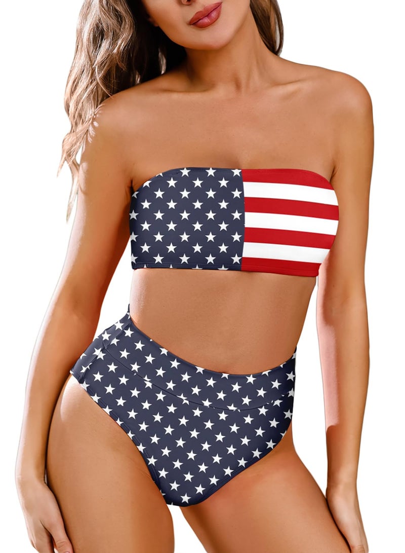 Pink Queen Women's Bandeau High Waisted American Flag Printed 2 Pieces Bikini M - Image 1